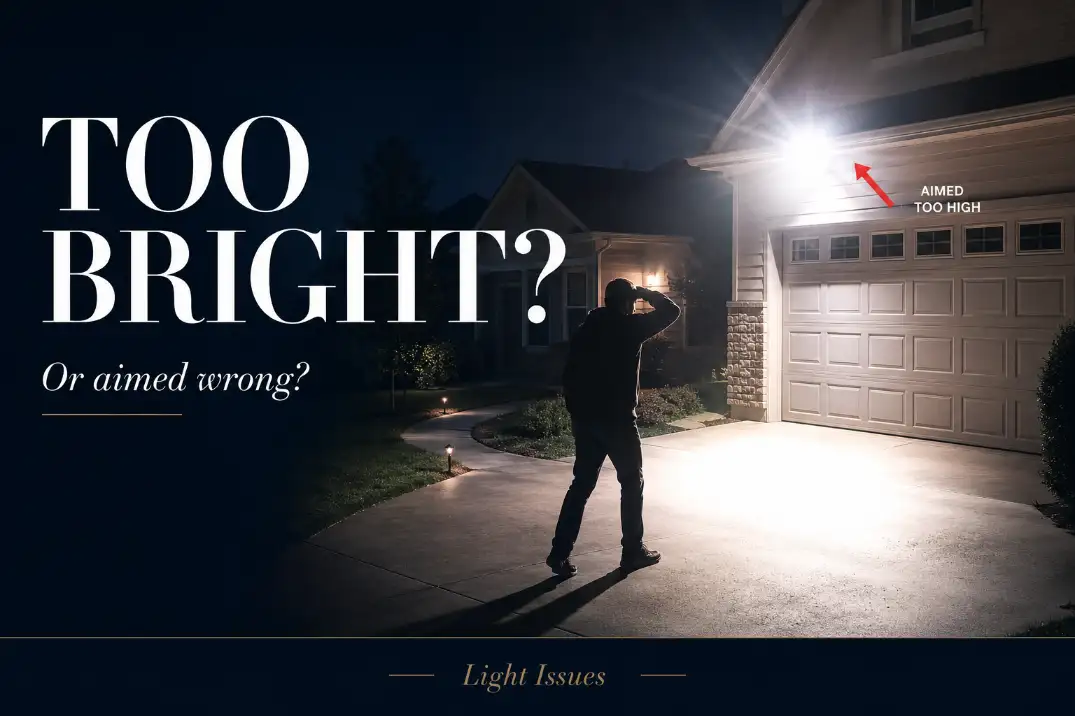Outdoor LED floodlight aimed into eye level creating harsh glare across a driveway and walkway.