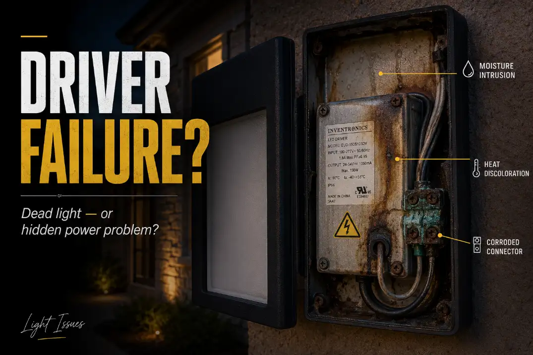Outdoor LED fixture opened to show a failed driver with moisture staining, corrosion, and a diagnostic overlay reading driver failure.