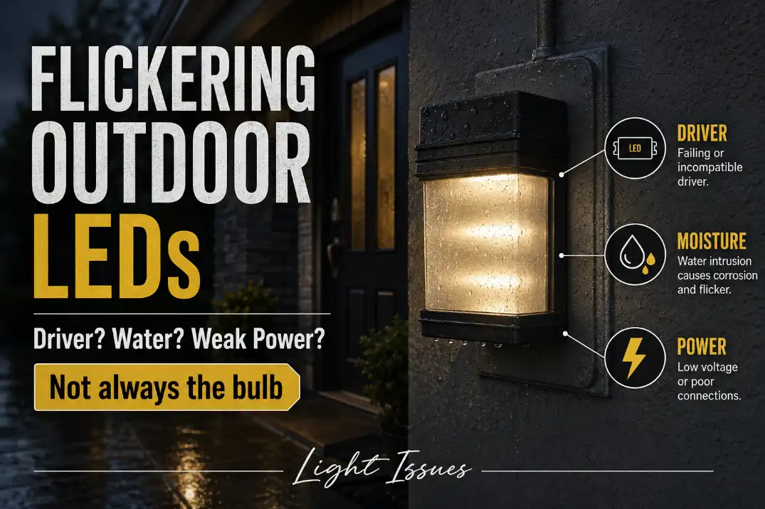 Outdoor LED wall light flickering near moisture with diagnostic overlay for driver, water, and weak power causes.