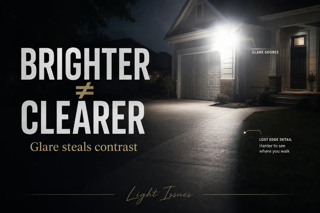Bright outdoor LED floodlight causing glare and contrast loss with bold text showing that brighter light does not always improve visibility.