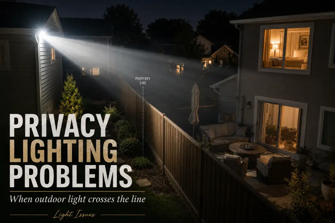 Outdoor security light crossing a backyard fence toward a neighbor’s window with privacy lighting problems cover text.