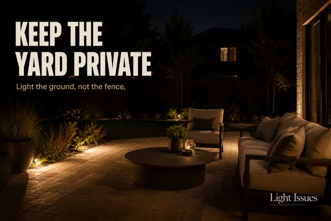 Private backyard lighting with warm shielded fixtures aimed at the ground while the fence and neighbor window stay dark.