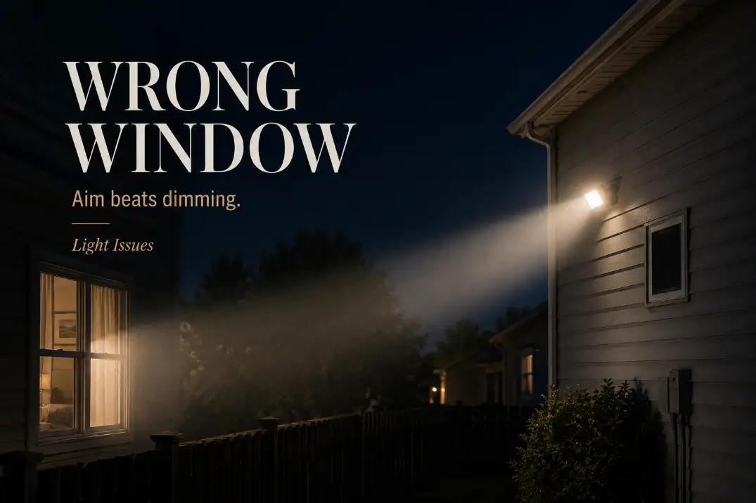 Outdoor floodlight shining across a fence into a neighbor’s bedroom window with beam direction highlighted