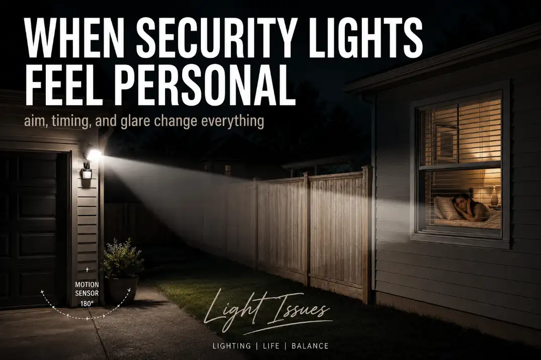 Motion sensor security light shining across a fence into a neighbor’s bedroom window with premium cover text about glare and timing