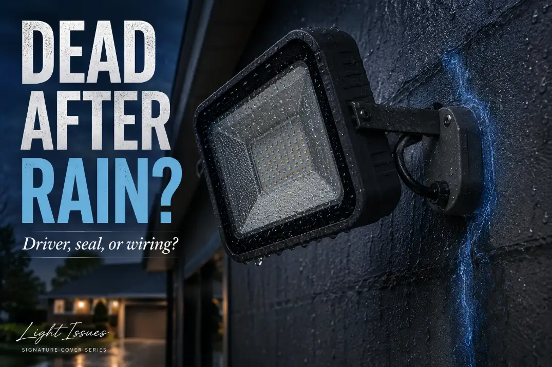 LED flood light dead after rain with highlighted water entry path near the cable entry and mounting plate