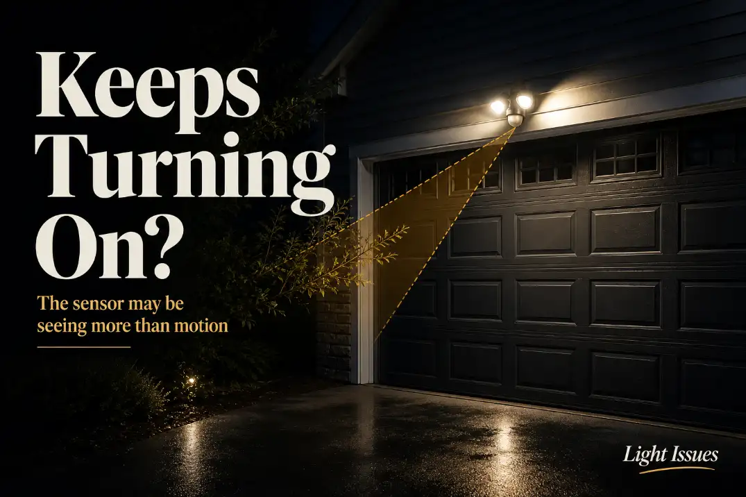 Outdoor motion light turning on repeatedly with premium overlay showing the sensor detecting nearby branches instead of a fixture failure