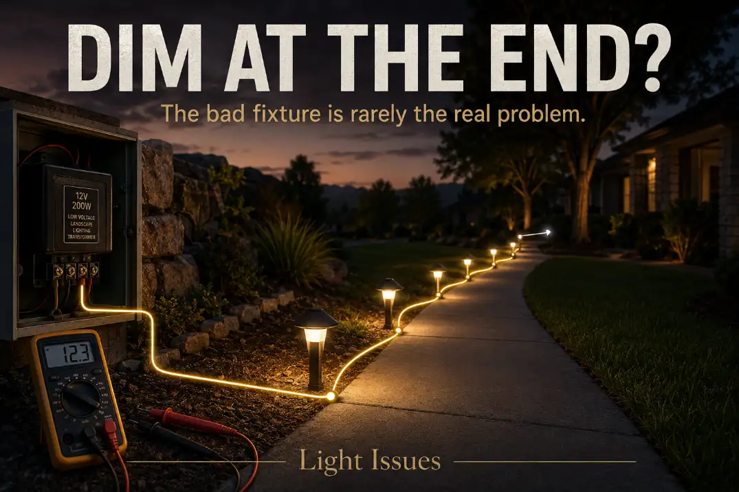 Low voltage landscape lighting system with bright first fixtures and a dim final fixture showing voltage drop diagnosis.