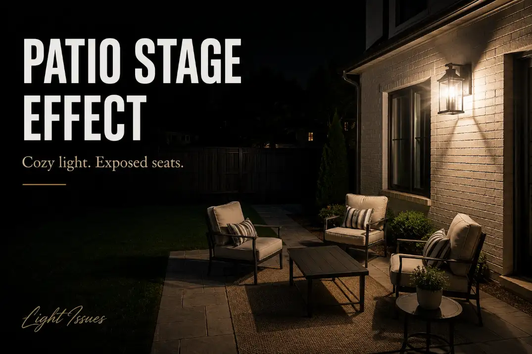 Patio lighting creating a stage effect at night because wall lights expose the seating area while the yard perimeter stays dark.