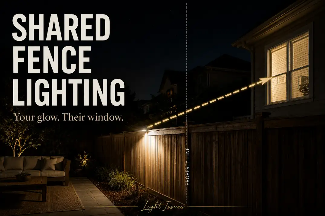 Shared fence outdoor light spilling across a property line toward a neighbor window with visible glare and privacy trespass.