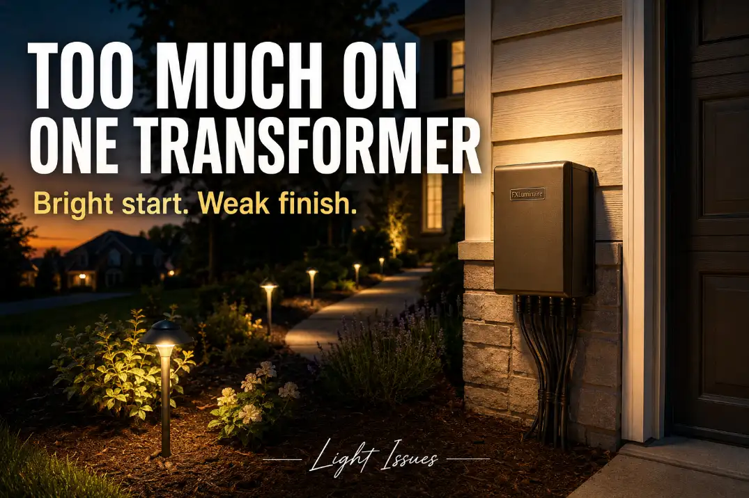 Low-voltage landscape lighting transformer with crowded wire runs and weak far-end path lights showing signs of too many lights on one transformer.