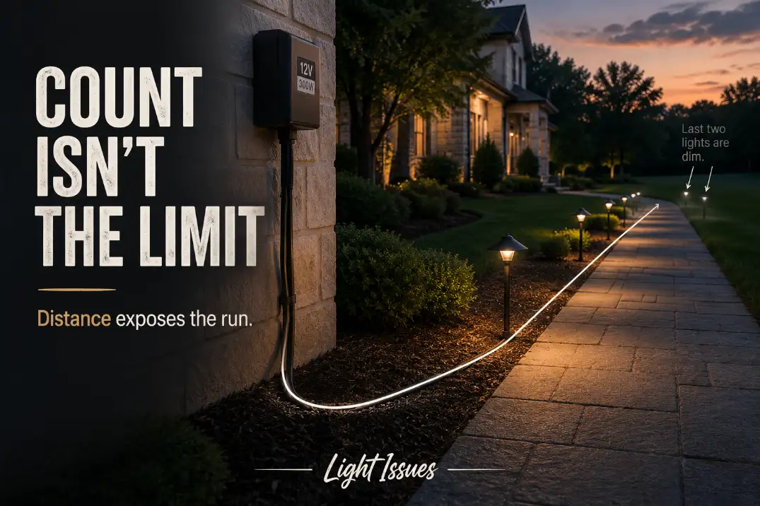 Low-voltage landscape lighting cable run with bright first path lights and weak far-end lights showing that distance limits fixture count.