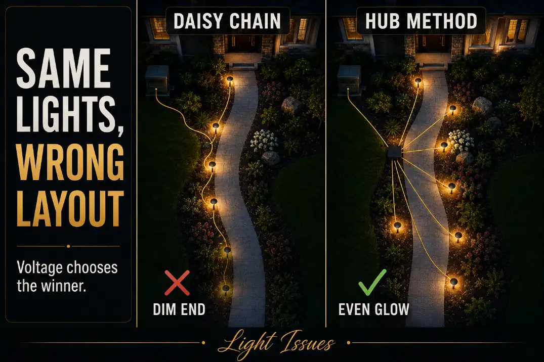 Daisy chain versus hub landscape lighting layout showing the same path lights dimming at the end of one cable run but staying balanced from a hub.
