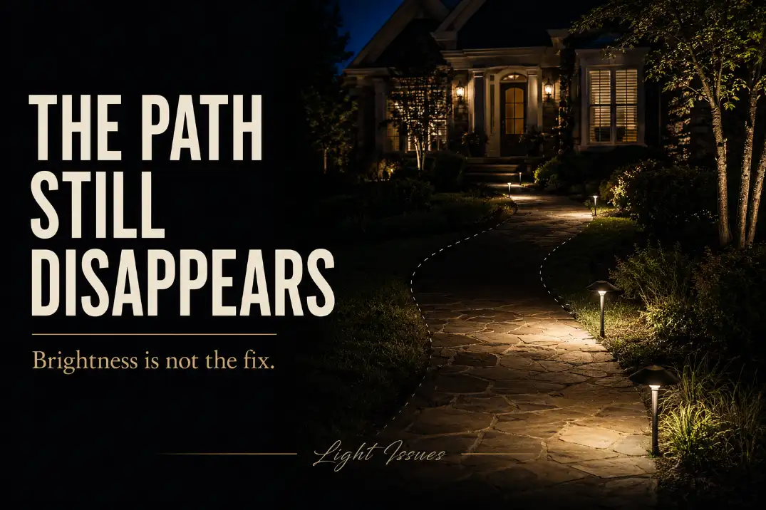 Uneven residential pathway lights creating bright pools near fixtures while the walking surface disappears between them.