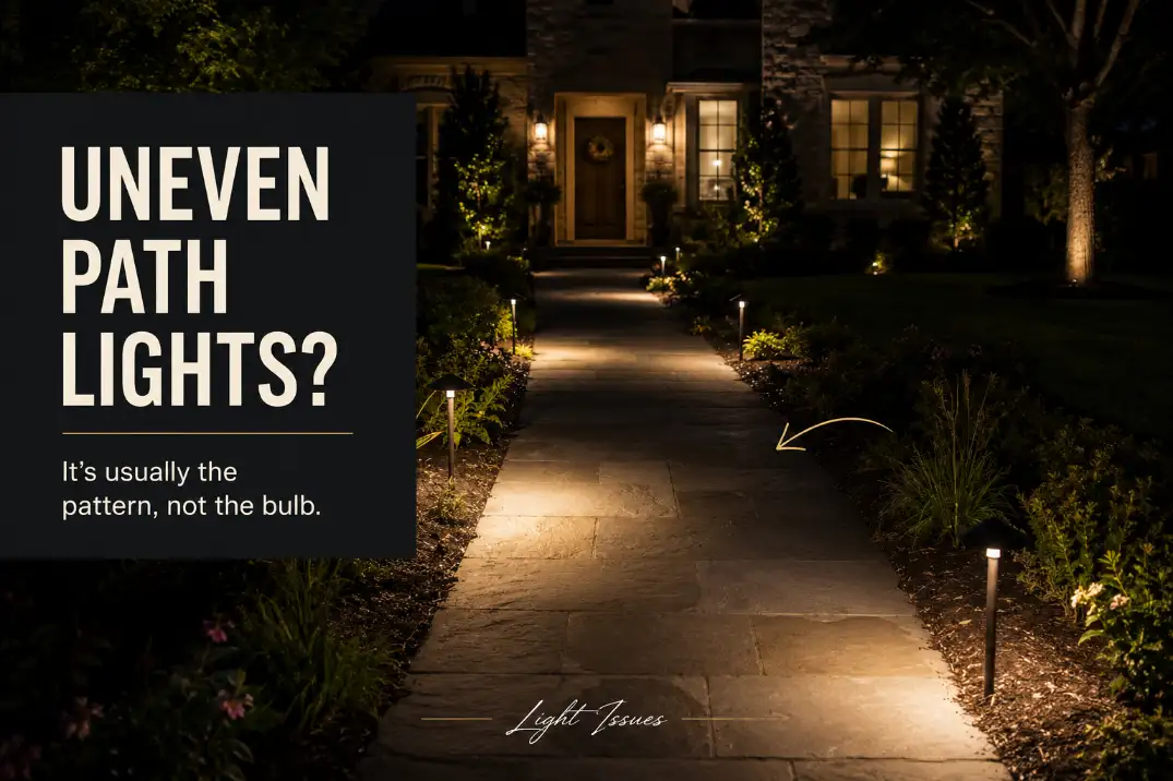 Nighttime walkway with uneven pathway lights showing bright pools, dark gaps, and inconsistent light spacing.