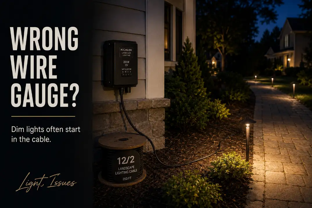 Low voltage landscape lighting wire gauge choice shown with a transformer, 12/2 cable, and dim far path lights on a long run.