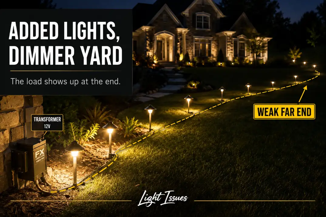 Low-voltage landscape lights dimmer after adding more fixtures, with far-end lights weaker along one cable run.