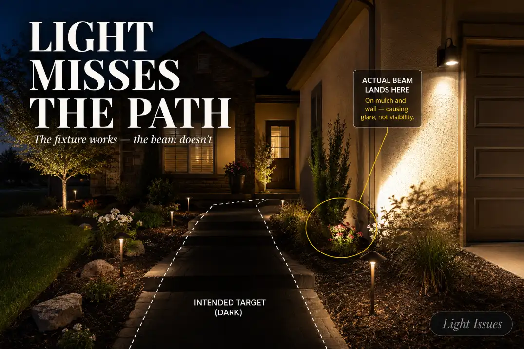 Outdoor lights missing the walkway and entry steps with a premium overlay showing light aimed at the wrong target area.