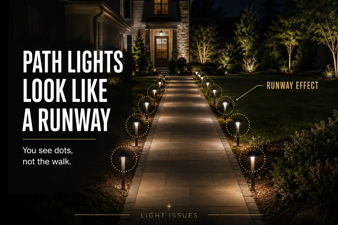 Path lights along a residential walkway creating a runway-like row of repeated bright light points at night.