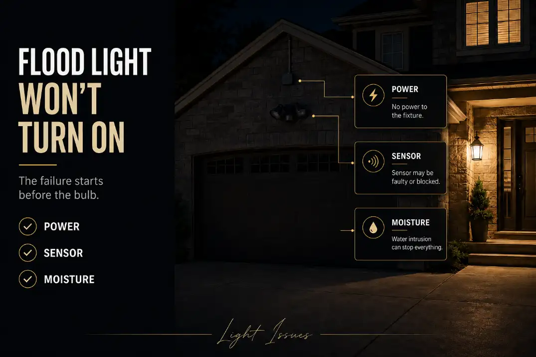 Outdoor flood light above a garage not turning on while a nearby porch light works, with power, sensor, and moisture checks highlighted.