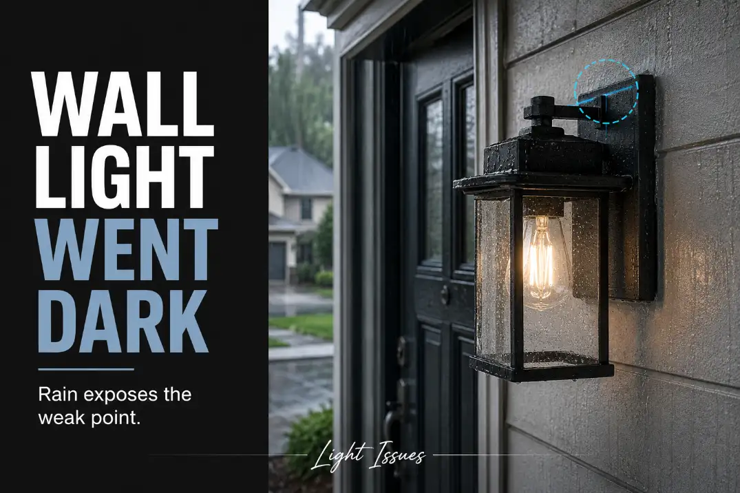 Outdoor wall light beside a wet entry door not working after rain with moisture highlighted near the top seam.