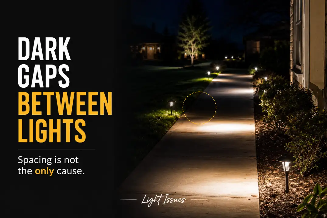 Pathway lights at night leaving dark gaps between bright pools of light along a walkway.