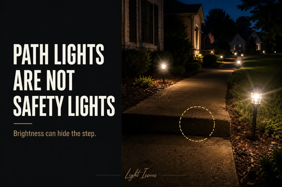 Low path lights beside a suburban walkway creating glare and a shadowed step edge that remains hard to see at night.