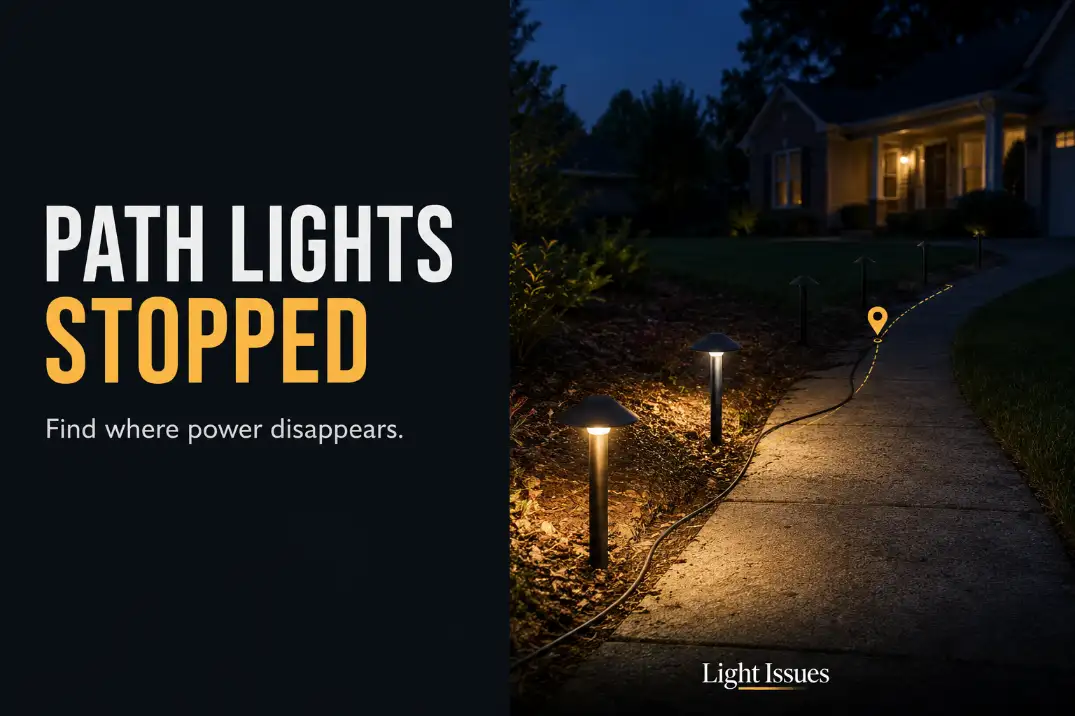 Low voltage path lights along a walkway with the first fixtures lit and later fixtures dark where power stops along the cable run.