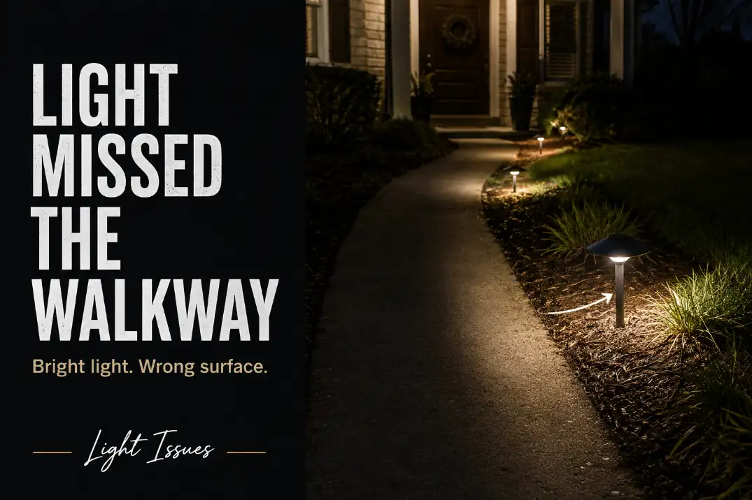 Path lights illuminating grass and mulch instead of the walkway with a simple beam direction cue showing missed coverage.