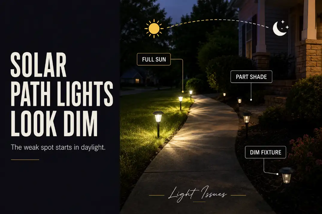 Solar path lights along a walkway looking dim and uneven because some fixtures receive full sun while others sit in partial shade.