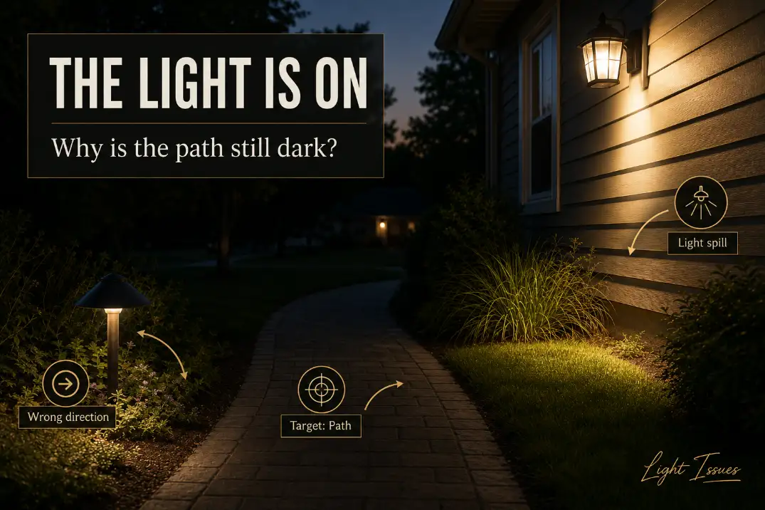 Outdoor lights shining away from a dark walkway with premium overlay text explaining why the light is on but the target area is still dark.