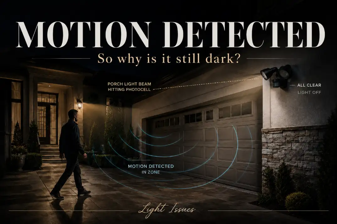 Premium editorial cover showing a motion sensor light staying dark at night despite detected movement and photocell glare