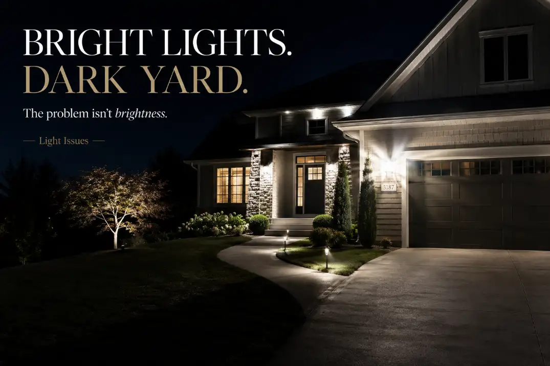 Front yard still looking dark after adding outdoor lights with bold text explaining that brightness is not the real problem.