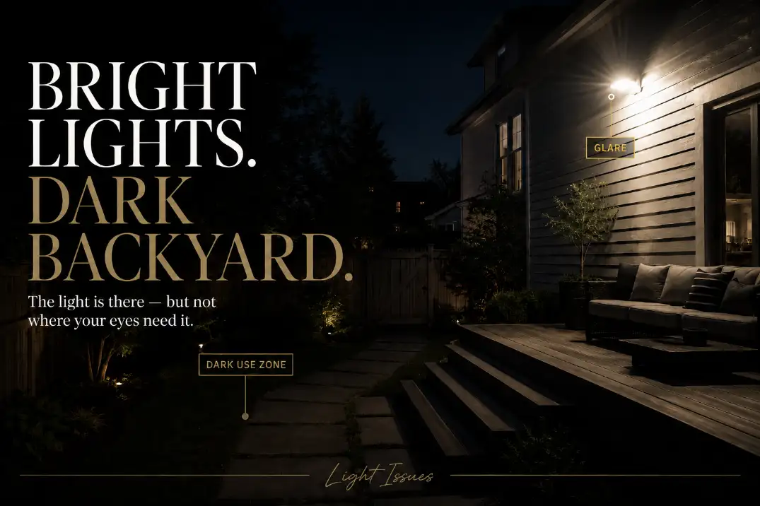 Premium backyard lighting cover showing bright glare near the house while the steps, seating area, and path remain dark
