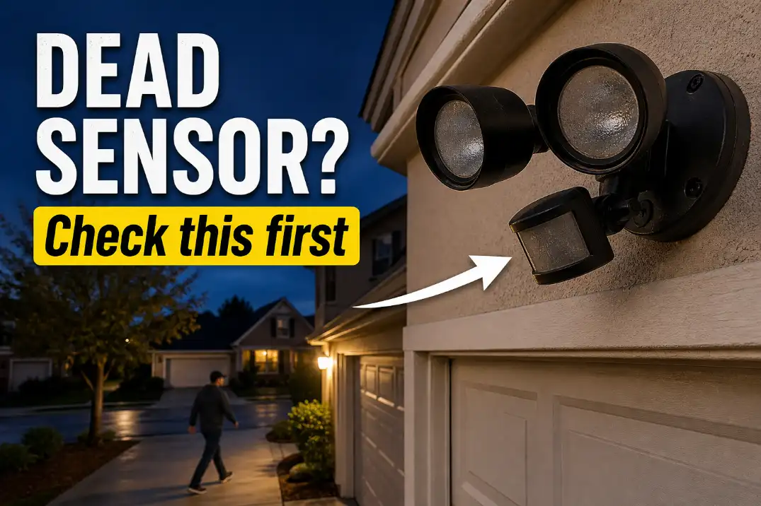Outdoor motion sensor light staying off with bold dead sensor text and arrow pointing to the misaligned sensor head