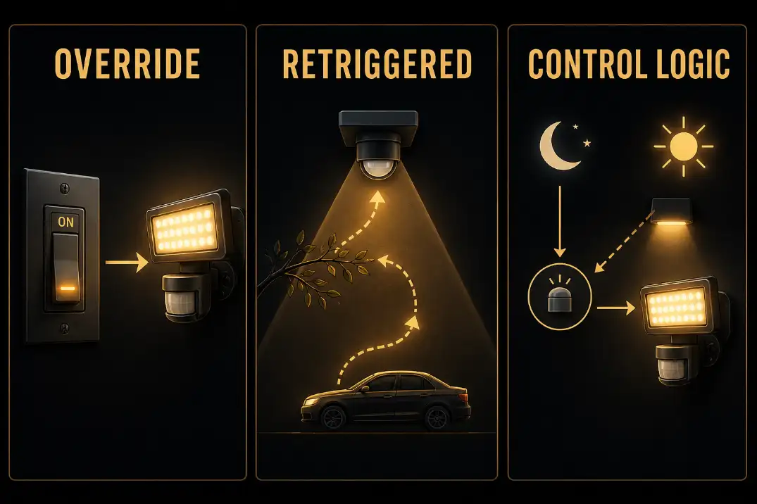 Diagram showing three reasons a motion sensor light stays on: override, repeated triggers, and control logic.