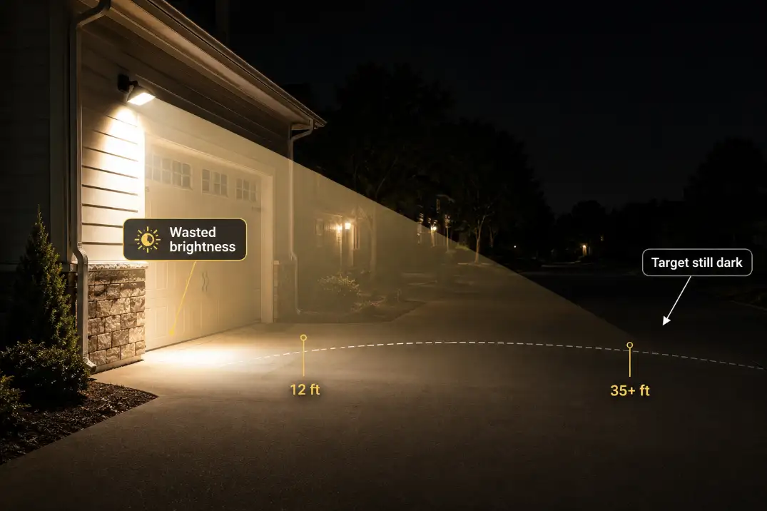 Outdoor floodlight aimed too low with wasted brightness near the garage and the driveway target still dark.