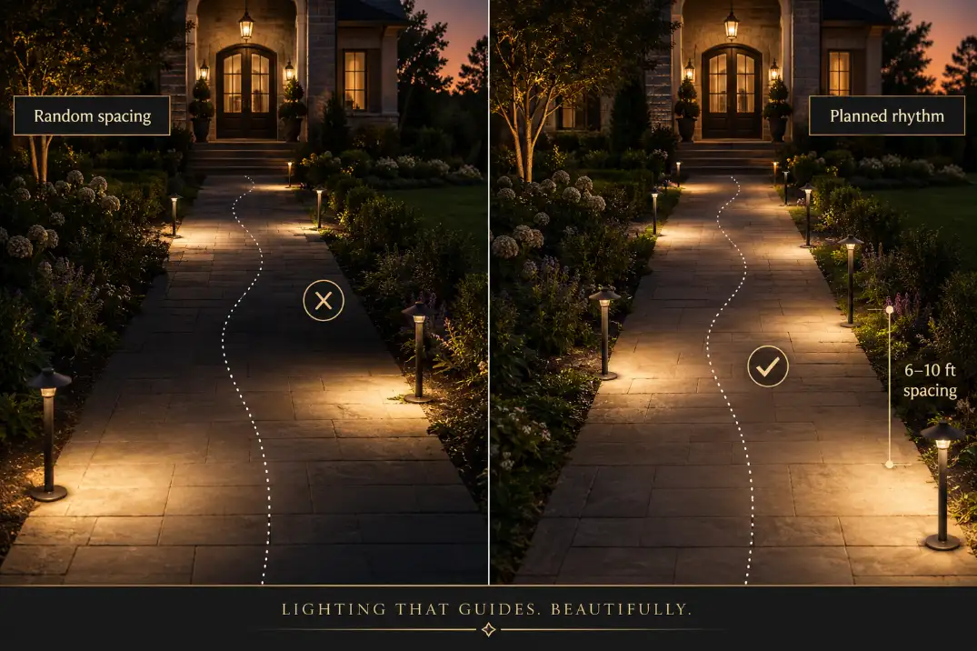 Premium comparison graphic showing random outdoor path light spacing versus planned rhythm with labels and symbols