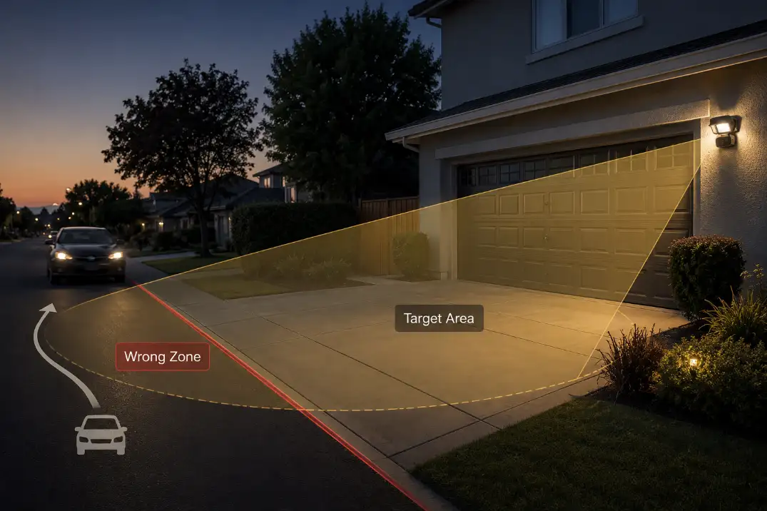 Motion sensor light detection zone reaching into the street instead of staying on the driveway target area