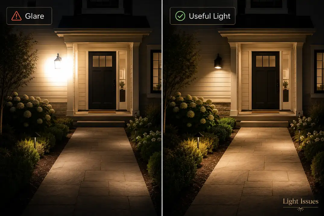 Comparison showing outdoor glare on a wall versus useful downward light covering a walkway evenly