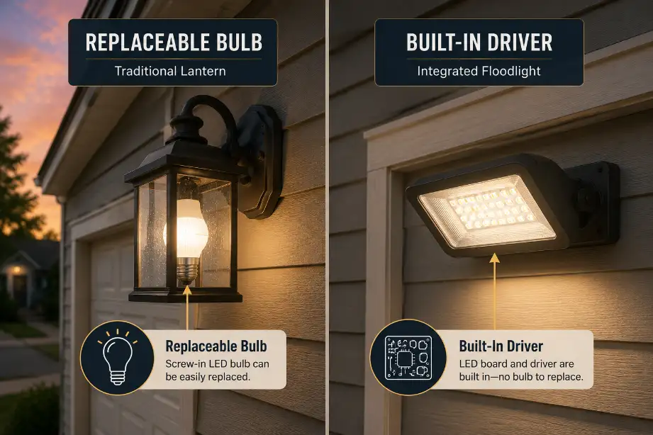 Premium comparison graphic showing a screw-in outdoor LED bulb versus an integrated LED fixture with a built-in driver.
