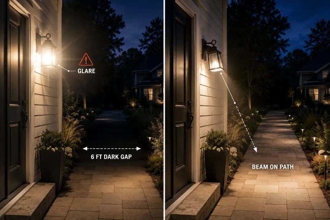 Split-screen comparison showing glare and a 6-foot dark gap from poor outdoor light placement versus improved beam coverage on the path.