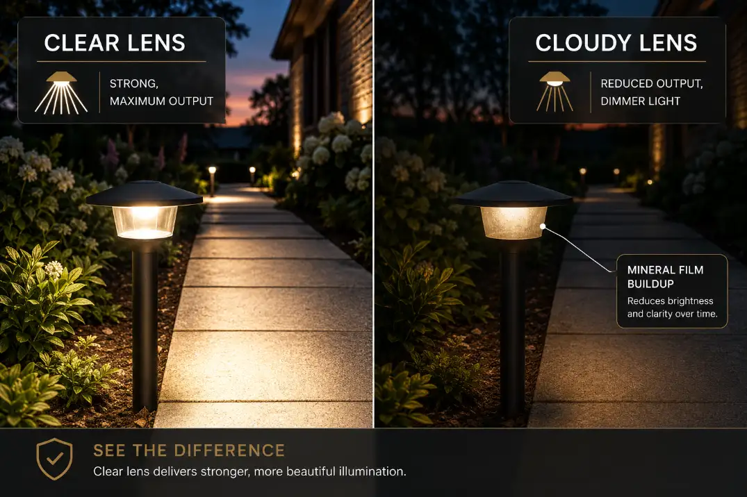 Premium comparison graphic showing clear versus cloudy outdoor LED path light lenses and reduced brightness from lens buildup.