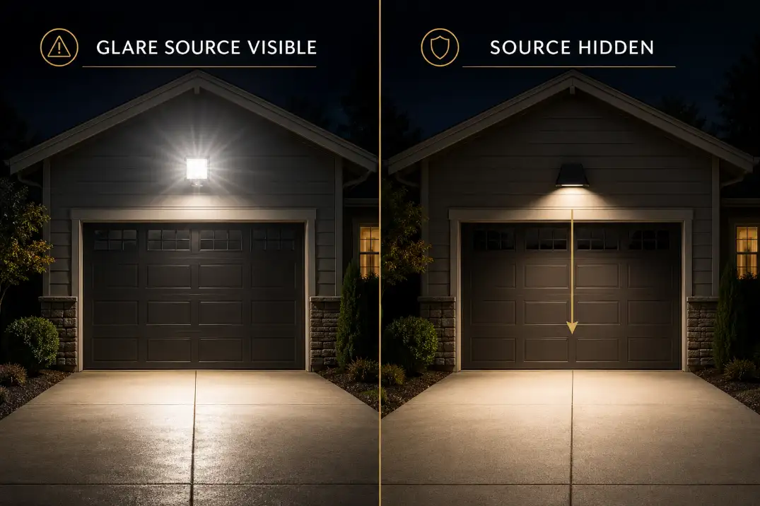 Premium comparison graphic showing exposed outdoor LED glare versus a shielded fixture with labels for visible glare source and hidden source