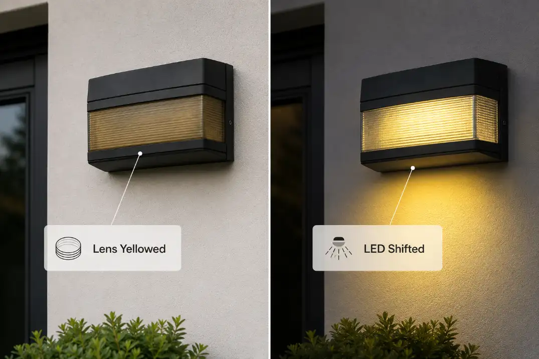 Comparison of lens yellowing versus LED color shift in an outdoor wall light fixture.