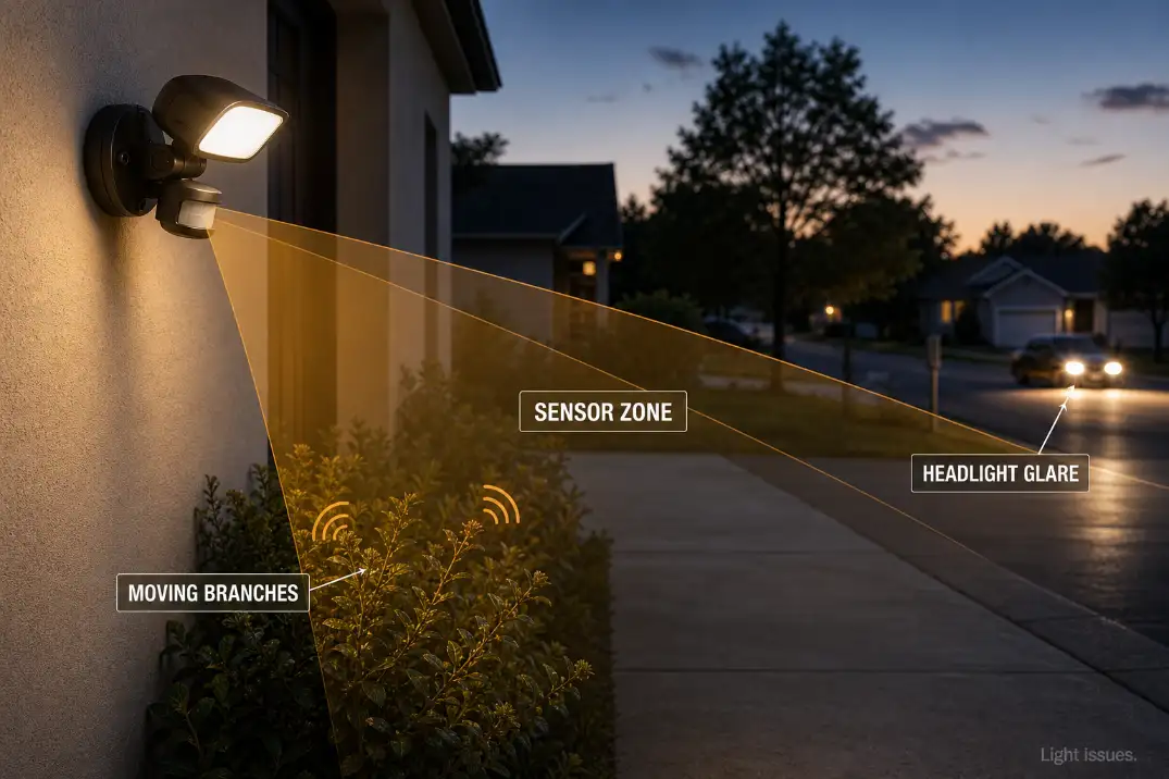 Outdoor motion light sensor zone showing moving branches and headlight glare as false trigger sources