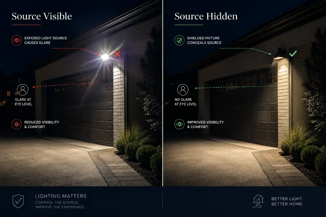 Comparison of an exposed outdoor LED causing glare and a shielded downward light with the source hidden.