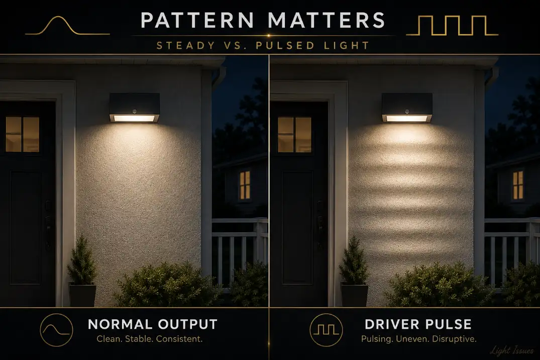 Comparison of normal outdoor LED light output and rhythmic pulsing caused by unstable LED driver output.