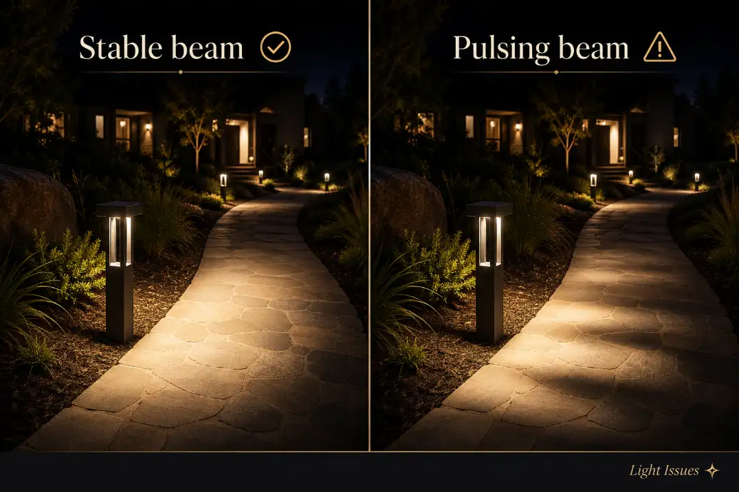 Comparison of stable outdoor LED path light and visibly flickering outdoor LED path light with readable labels.