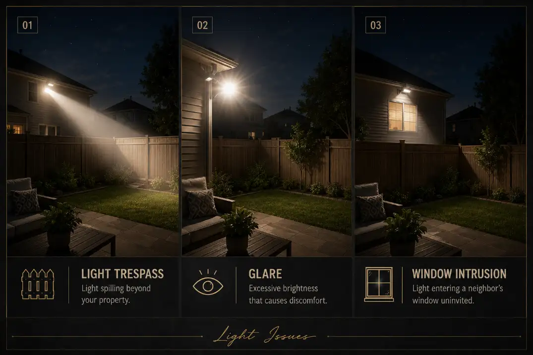 Comparison of light trespass, glare, and window intrusion as common outdoor lighting privacy problems.