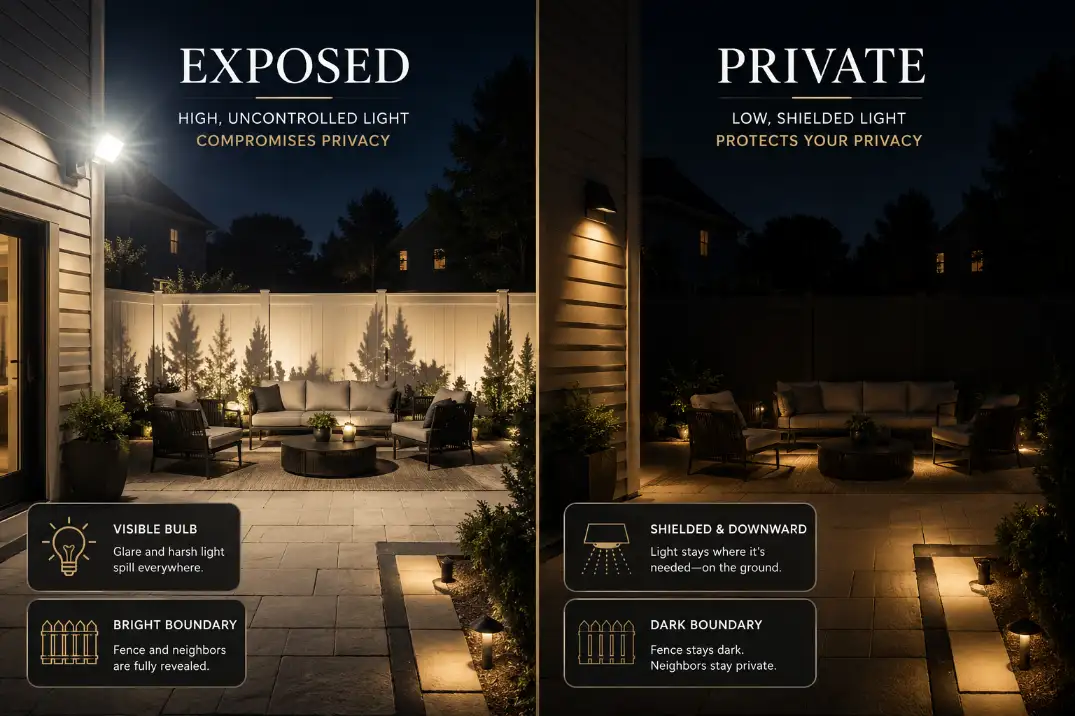 Comparison of exposed backyard floodlighting versus low shielded patio lighting that keeps the fence dark for privacy.